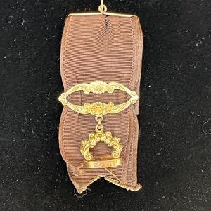 Antique Gold Brown Ribbon Brooch - Victorian Watch Fob
